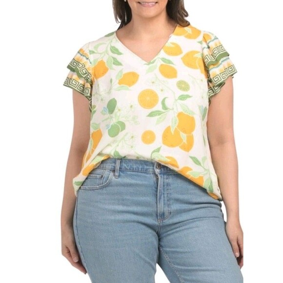C&C California Women's Orange Lime Border Cuff Blouse Top Size 1X - Picture 1 of 2